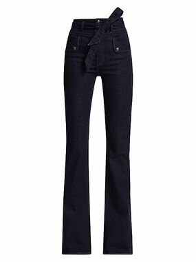 Veronica Beard Black High-Rise Flare Jeans with Self-Tie Belt